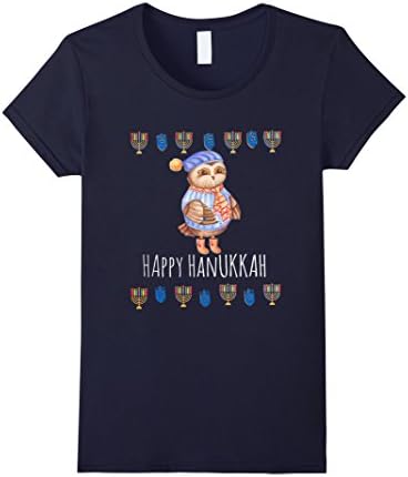 Womens Owl Happy Hanukkah Menorah Dreidal Ugly Sweater Style shirt Large Navy
