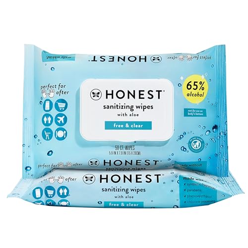 The Honest Company Fragrance Free Sanitizing Alcohol Wipes | Antibacterial + Safe for Hands | Kills 99% of Germs, Made With Aloe | 100 Count (2 Packs of 50)