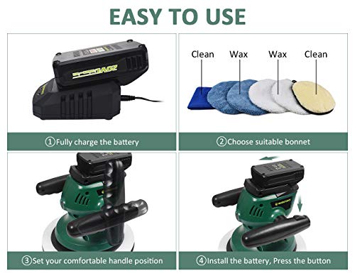 HAWKFORCE 10-Inch Cordless Car Polisher, 18V Electric Car Buffer - Adjustable Twin Handles, Random Orbit - Buffer Kit with 6 Bonnets for Cleaning, Waxing, Polishing, Fit for Car, Truck, Boat Etc