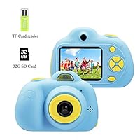 Kids Camera Children Digital Cameras for Boy Front Rear Dual-lens Soft Silicone Shell 8 Mega Pixel 2.0 inch HD Screen, Flash Light, Great Gift for 3-10 Year Old Girls Boys (32G Card included) (Blue)