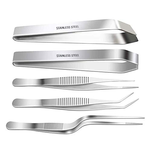 SelfTek Stainless Steel Tongs Tweezers 5 Piece Set, 3 Pcs 6.3 Inch Tweezers,4.7 Inch Flat And Slant Fish Bone Tweezers Pliers For Chef Cooking Utensils