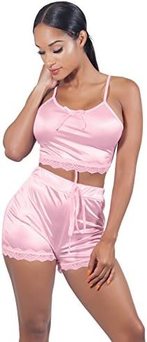 VWIWVWomen Sleeveless Lace Crop Top Camisole and Shorts Pajamas Sleepwear Set