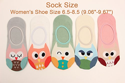 WOWFOOT Women Animal Design No-Show Casual Liner Socks Character Print Non Slip Flat Boat 4 Pair (5pair-owl)