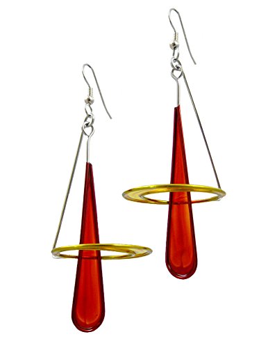 Kinetic Sculpture Inspired Stainless Steel Art Earrings, 3.5" Red Yellow Halo Drop