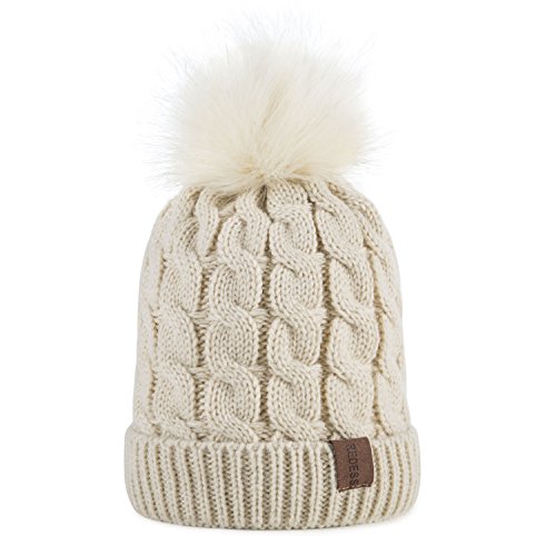 REDESS Kids Winter Warm Fleece Lined Hat, Baby Toddler Children's Beanie Pom Pom Knit Cap for Girls and Boys (Cream White)