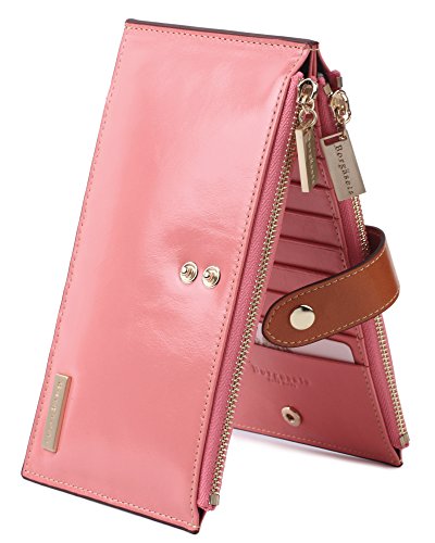 Genuine Leather Wallet for Women Credit Card Holder Wallets Zipper Purse with RFID Blocking Pink