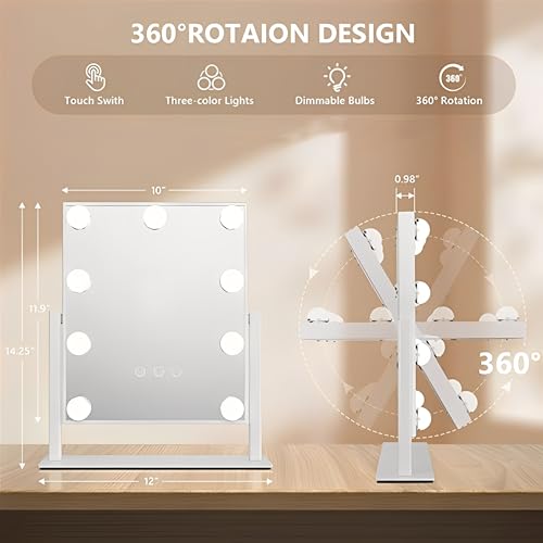 Beauenty Vanity Mirror with Lights, Lighted Makeup Mirror with 9 LED Bulbs and Detachable 10X Magnification,360° Rotation Makeup Mirror, Adjustable Brightness and 3 Color Modes