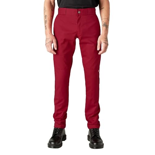 Dickies Men's Skinny Straight Double Knee Work Pants - Durable, Slim Fit, Industrial Uniform & Workwear,English Red, 32W x 32L