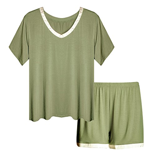 Invug Women Short Sleeve T Shirt and Shorts Pajamas Sleepwear Set Loungewear Army Green XL - Thumbnail 2