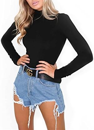 Ruyan Women’s Turtleneck Long Sleeve Basic Bodysuit Black Sexy With Snap Button Closure