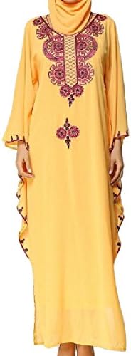 SummerWomen Summer Women Muslim Abaya Long Sleeve Waist Jilbabs Dress Yellow OS