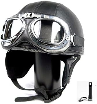 Vintage Motorcycle Motorbike Scooter Half Leather Helmet Black wlth Free Goggles and One Ganda Karabiner LED rechargeable flashlight