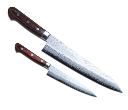 Yoshihiro 16 Layers Hammered Damascus Gyuto 9.5 Inch and Petty 5.3inch 2pc Set Japanese Chefs Knife