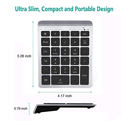 Wireless Number Pad, Lekvey Numeric Keypad : 28 Keys Multi-Function Numpad Keyboard with 2.4G Mini USB Receiver for Laptop Desktop PC Computer Notebook, Surface pro, Windows etc - Silver - Thumbnail 4