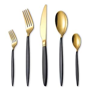 Juego de cubiertos de oro negro de 30 piezas, juego de cubiertos de acero inoxidable, juego de cubiertos de titanio negro con oro, juego de servicio para 6 (negro mate con oro brillante)
