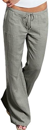 Reedbler Women Pants Casual Loose Solid Beach Style Cotton Linen Drawstring Long Length Flare Pants S-5XL Khaki M
