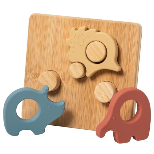 Mary Meyer Baby and Toddler Toys Simply Silicone Sorting Puzzle with Bamboo Base for 12+ Months Old Preschool Gifts, 7 x 6-Inches, Safari Animals