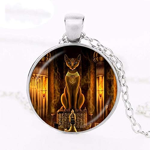 Ancient Egyptian Cat Goddess Statue Necklace Egypt Lord Pendant Handmade Glass Silver Necklace Women Jewelry Amulet Accessories