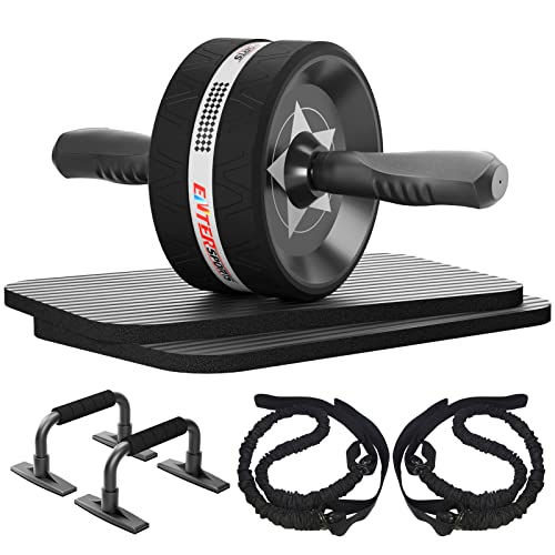 EnterSports Bauchroller Bauchmuskeltrainer ABS Roller, 6-in-1 Bauchtrainer mit Fitnessband, Liegestütze, Kniematte für Zuhause,Fitness Geräte, Bauchmu