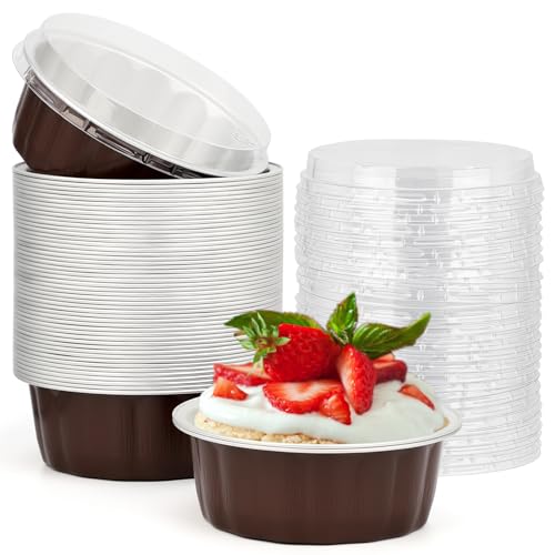 Beasea Einweg-Schälchen, 237 ml, Aluminiumfolien-Becher mit Deckel, Backförmchen, Souffle-Tasse, Muffin, Cupcake, Backförmchen, Mini-Puddingbecher für
