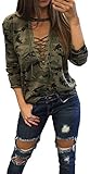 Womens Sexy Deep V Neck Lace Up Long Sleeve Camouflage Blouse Tops Autumn Shirt