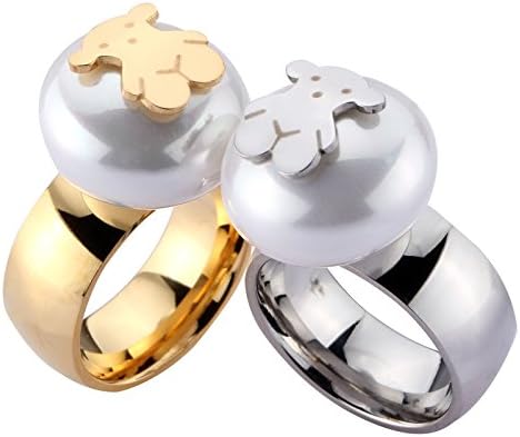 18k Gold Plated and Silver Women's Teddy Bear Big Pearl Stainless Steel Ring for Girl .2pcs (7)