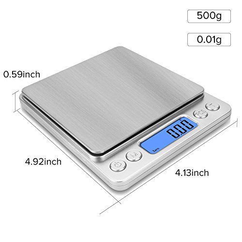 NEXT-SHINE Digital Kitchen Scale 500 x 0.01 Gram, Pocket Size with PCS Tare Switch Weighing Units Function, Stainless Steel Platform