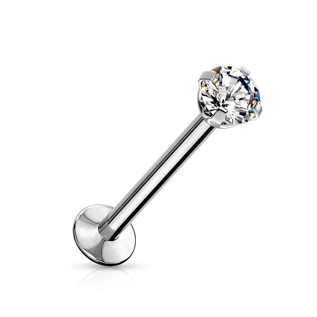 PiercedOff 316L Surgical Steel 1.2mm Labret with Threadless Push In 3mm Clear CZ Top - Bar Length 8mm