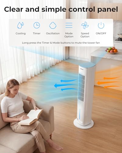 LEENON Silent Column Fan, 3L Capacity Oscillating Fan with Remote Control and 3 Speeds, 3 Modes and 12H Timer Column Fan for Home and Office – White