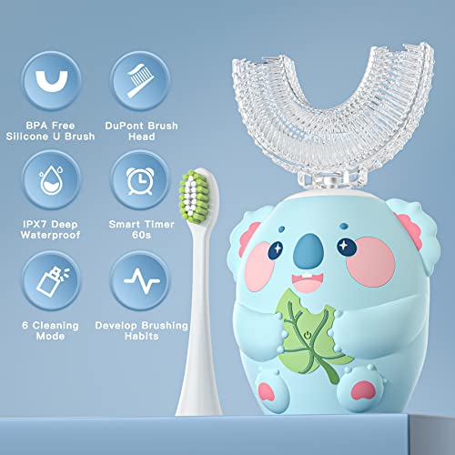 ELOTAME Kids U Shaped Electric Toothbrush with 4 Brush Head,Cartoon Koala Auto Sonic Toothbrush for Children Age 8-15,360° Full Mouth Cleaning Animal Toddler Automatic Toothbrushes with Travel Cup