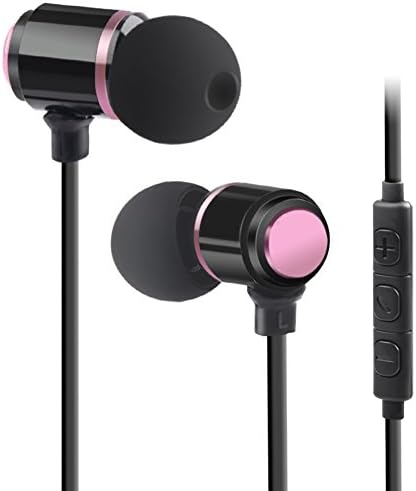 Metal Earphones with Microphone,Tangle Free Flat Cord Clear Sound Headphones in Ear Earbuds with Mic and Volume Control for iPhone Samsung Android Mobiles iPad Tablets MP3 Player (Rose Gold)