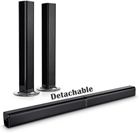 Soundbar, 40W Sound Bar with Wireless Bluetooth and Wired Audio Input, Detachable, Wall Mountable, with Bass Technology and Remote Control - Black
