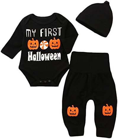 PVSECTOR Halloween Baby Girls Outfits Infant Boys Long Sleeve Romper Pumpkin Print Pants Set with Hat