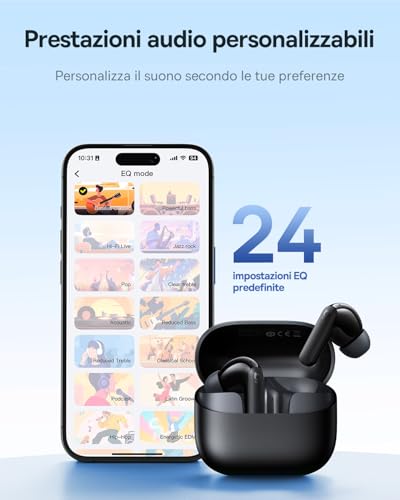 EP10 NC Cuffie Bluetooth, Auricolari Bluetooth 6.0, Cuffie Wireless In Ear con ANC -43dB, Driver 12mm, 24 Modi EQ, SuperBass, 4-Mic AI, IP55, 41 Ore di Riproduzione