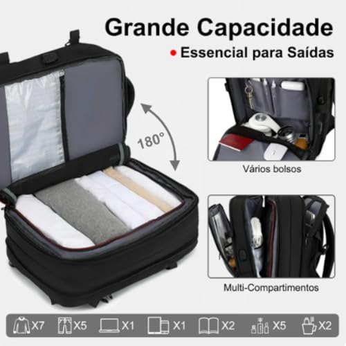 Mochila de Viagem Notebook Expansível Grande, Mochila Avião, Executiva, Antifurto, Reforçada, USB, Impermeável, Viagem a Trabalho, Escolar