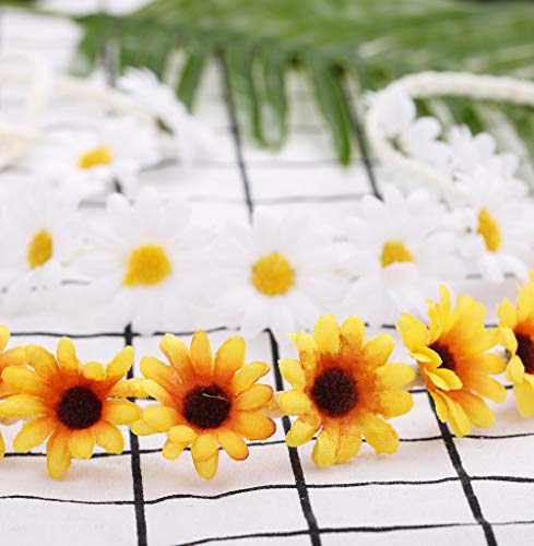 Milacolato 6-12Pcs Handmade Daisies Sunflower Headband Boho Floral Wreath Bridal Headpiece for Wedding Festivals Hair Accessories White&Yellow
