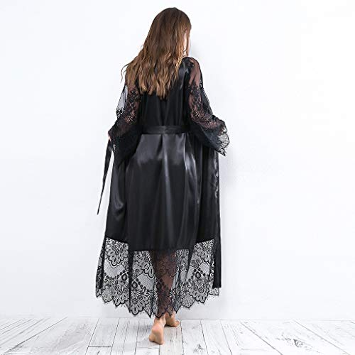Womens Lace Trim Kimonos Robes Long Satin Gown Bathrobe Sleepwear Lace Sleeve Loungewear with Belt Black - Thumbnail 4