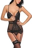ADOME Women Sexy Lingerie Lace Teddy Babydoll Bustier Set Garter Belts Bodysuit