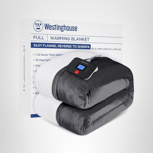 WESTINGHOUSE ELECTRIC BLANKET FULL, HEATED BLANKET FULL SIZE WITH 10 HEATING LEVELS AND 1 TO 12 HOURS HEATING TIME SETTINGS, FLANNEL TO SHERPA REVERSIBLE, MACHINE WASHABLE (80″ X 84″, CHARCOAL)