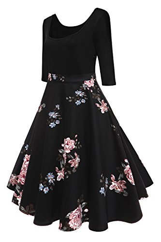 MisShow-Damen-Elegant-Audrey-Hepburn-Kleid-Langarm-A-Linie-mit-Blumendruck-U-Ausschnitt-Partykleider-Cocktailkleid-Printkleid-Knielang-GrS-2XL