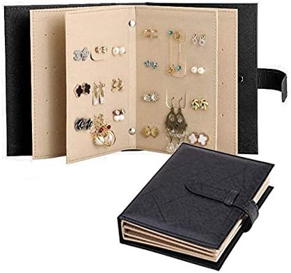 Jewelry Organizer, Portable Earring Stud Holder Display Case for Travel Pu Leather Earring Holder Foldable Book Design Storage Box (Black)