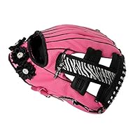 Tot Jocks Baseball, Softball and T-Ball Glove 9.5" Tee Ball Mitt Pink and Black for Girls with Rhinestone Flowers and Zebra Print Ribbon