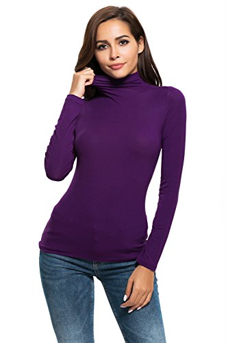 Womens Long Sleeve/Sleeveless Slim Fit Mock Turtleneck Stretch Comfy Basic T Shirt Layer Top Purple - Thumbnail 2