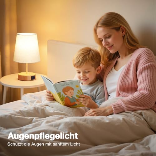 PreeOtti Bedside Lamp Touch Dimmable Table Lamp with USB A+C Charging Function | Lampshade in linen colour, small lamp for bedside table, living room, bedroom, children's room, office, bulb included