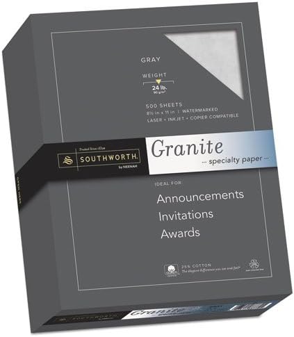 Southworth Products - Southworth - Fine Granite Paper, 24 lbs., 8-1/2 x 11, Gray, 500/Box - Sold As 1 Box - 25% cotton paper will make your communications stand out. - Ideal for presentations, proposals, awards and certificates, letterhead or correspondence. - Laser, inkjet and copier guaranteed. - Watermarked. - Acid-free for archival quality.