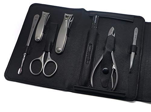7pcs Manicure Pedicure Set German FINOX Surgical Stainless Steel: Cuticle Nippers, Toenail Clippers, Nail Clipper, Cuticles Scissors, Pusher, Tweezers and Glass Nails File in Leather by GERmanikure