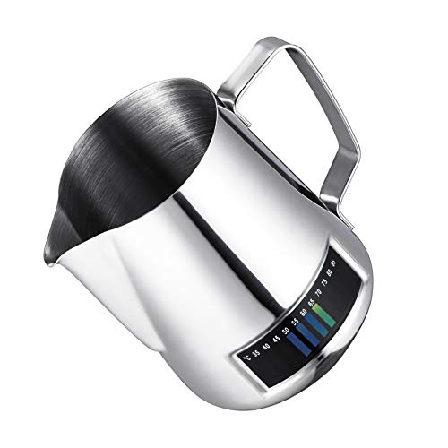 Milk Frothing Pitcher, Stainless Steel Creamer Frothing Pitcher With Integrated Thermometer 20 oz (600 ml), Chrome