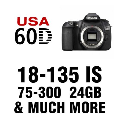Canon EOS 60D Digital SLR Camera 5 Lens Kit with 18-135mm IS, 75-300mm, 50mm, 52mm 2X Telephoto, 52mm Wide Angle, 24 GB and More Canon EOS 60D Digital SLR Camera 5 Lens Kit with 18-135mm IS, 75-300mm, 50mm, 52mm 2X Telephoto, 52mm Wide Angle, 24 GB and More