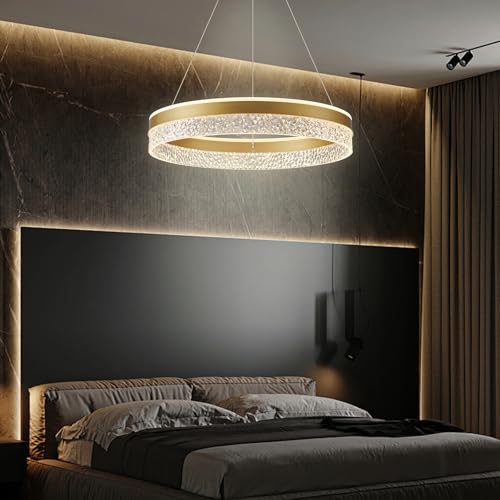 KSIBNW Dimmable LED Pendant Chandelier, Modern Chandelier Bedroom Living Room Adjustable Round Diameter 50 cm Acrylic Metal Pendant Light Gold Hanging Kitchen Lights, 3000 K/4000 K/6000 K