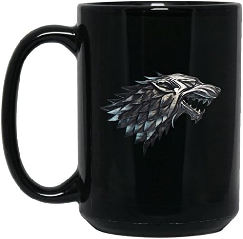 Game Of Thrones Coffee Mug | House Stark Direwolf Sigil Mug | 15 oz Black Ceramic Mug Cup Great For Hot Chocolate &amp; Tea | Ned Catelyn Arya Sansa Jon Bran Robb | Perfect Unique Gift For Any GOT Fan